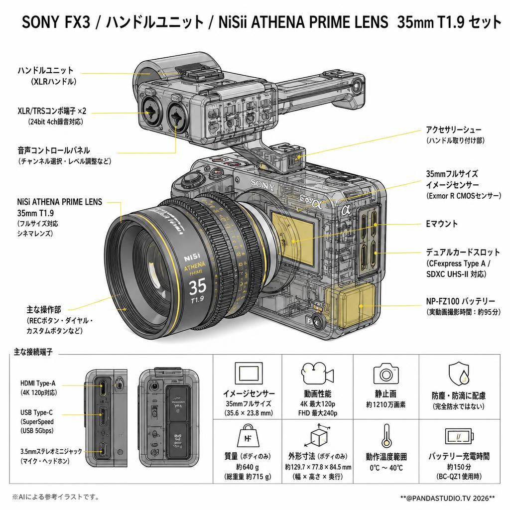 SONY FX3 / ハンドルユニット / NiSii ATHENA PRIME LENS  35mm T1.9 セット スペック
