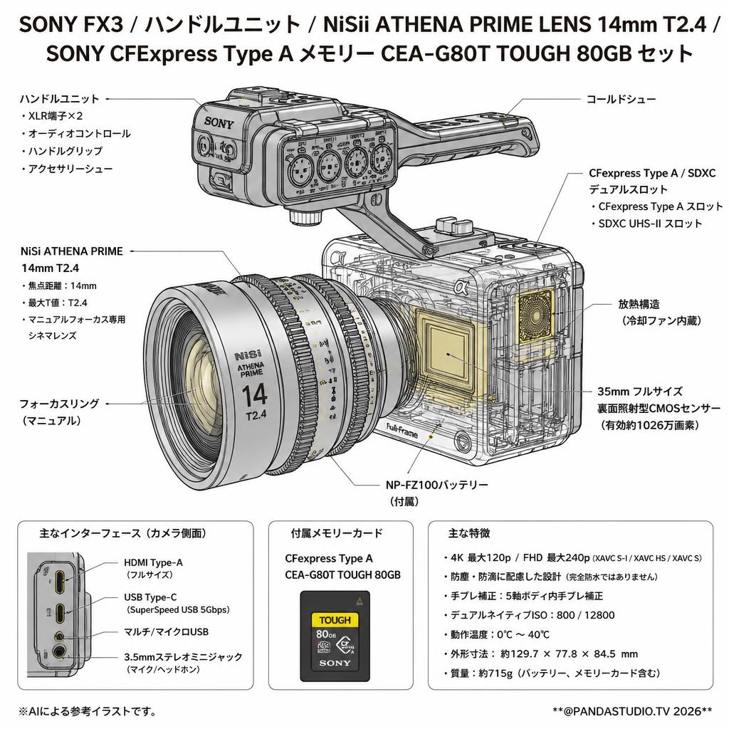 SONY FX3 / ハンドルユニット / NiSii ATHENA PRIME LENS 14mm T2.4 / SONY CFExpress Type A メモリー CEA-G80T TOUGH 80GB セット スペック