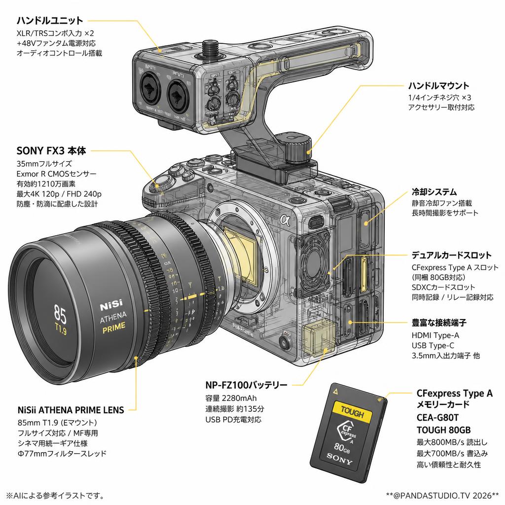 SONY FX3 / ハンドルユニット / NiSii ATHENA PRIME LENS 85mm T1.9 / SONY CFExpress Type A メモリー CEA-G80T TOUGH 80GB セット スペック