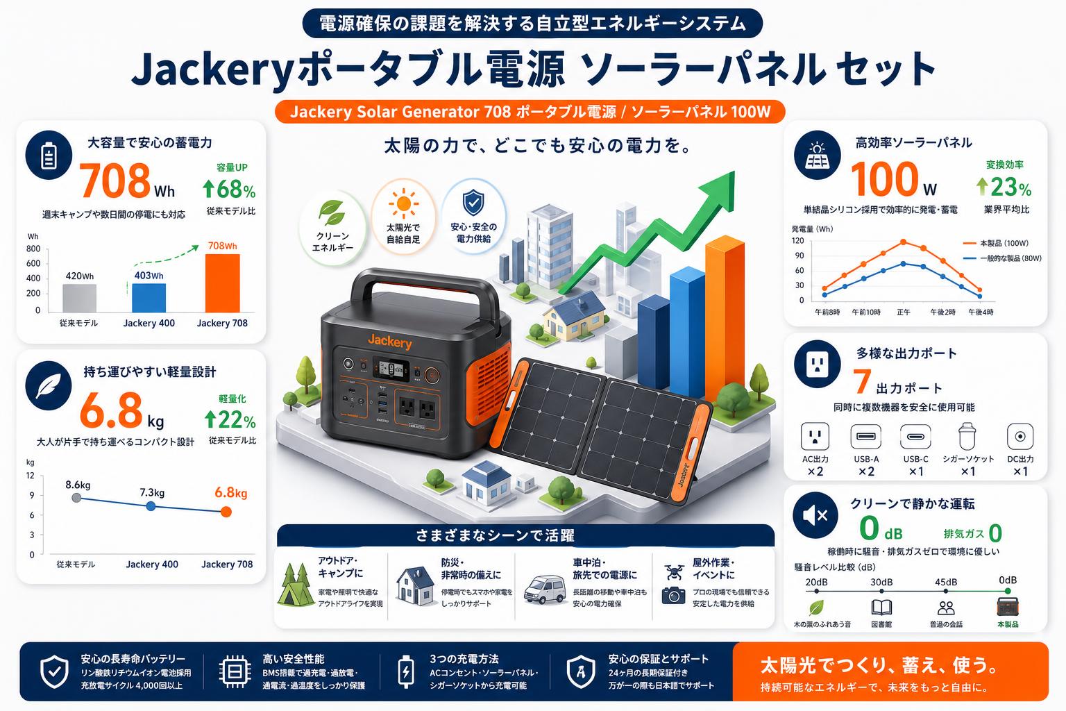 Jackeryポータブル電源 ソーラーパネル セット 【 Jackery Solar Generator 708 ポータブル電源 / ソーラーパネル 100W】 概要