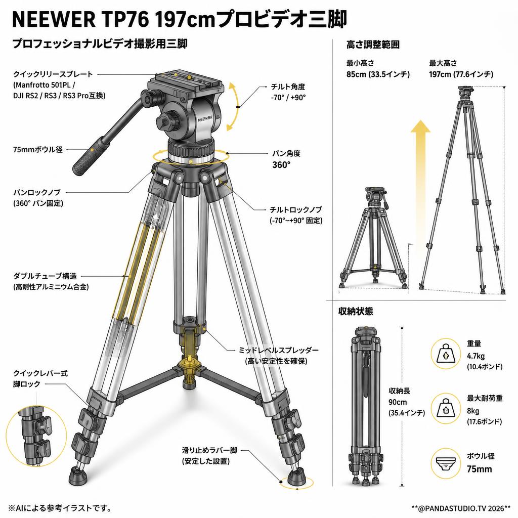 NEEWER TP76 197cmプロビデオ三脚 スペック