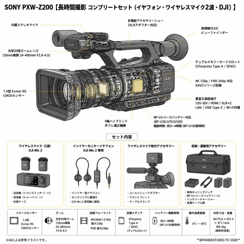 SONY PXW-Z200 【長時間撮影 コンプリートセット（イヤフォン・ワイヤレスマイク2波・DJI）】 スペック