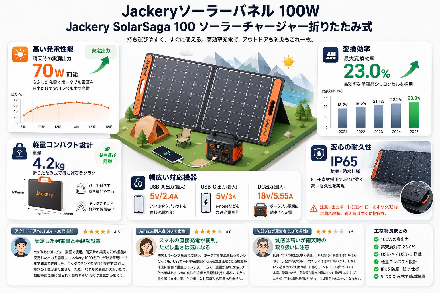 Jackeryソーラーパネル 100W Jackery SolarSaga 100 ソーラーチャージャー折りたたみ式 インターネット上のお客様の声（評判）