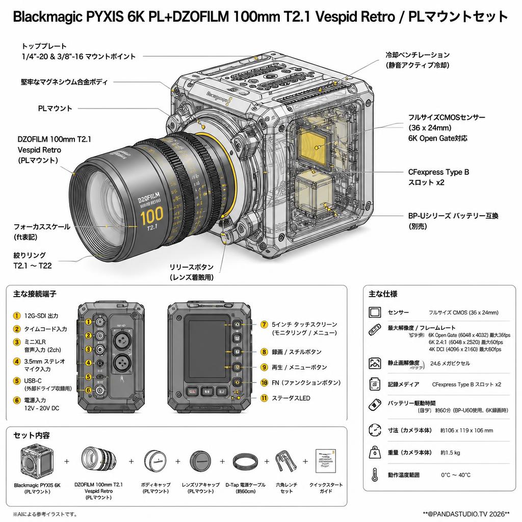 Blackmagic PYXIS 6K PL+DZOFILM 100mm T2.1 Vespid Retro / PLマウントセット スペック