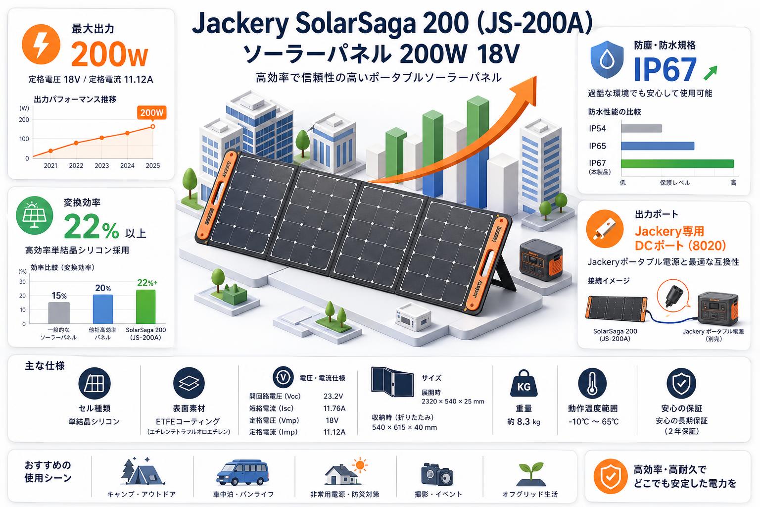 Jackery SolarSaga 200 （JS-200A） ソーラーパネル 200W  18V スペック