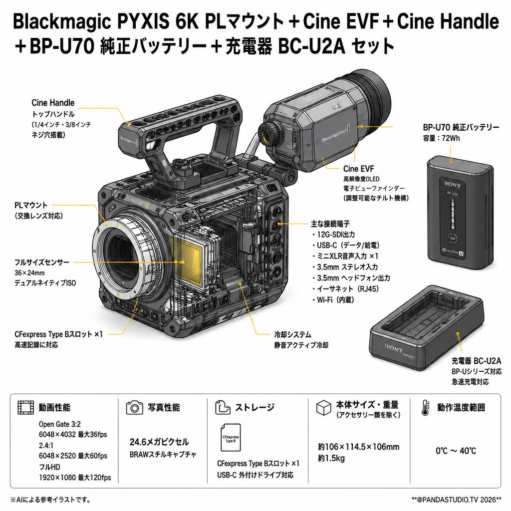 Blackmagic PYXIS 6K PLマウント＋Cine EVF＋Cine Handle＋BP-U70  純正バッテリー＋充電器 BC-U2A セット スペック