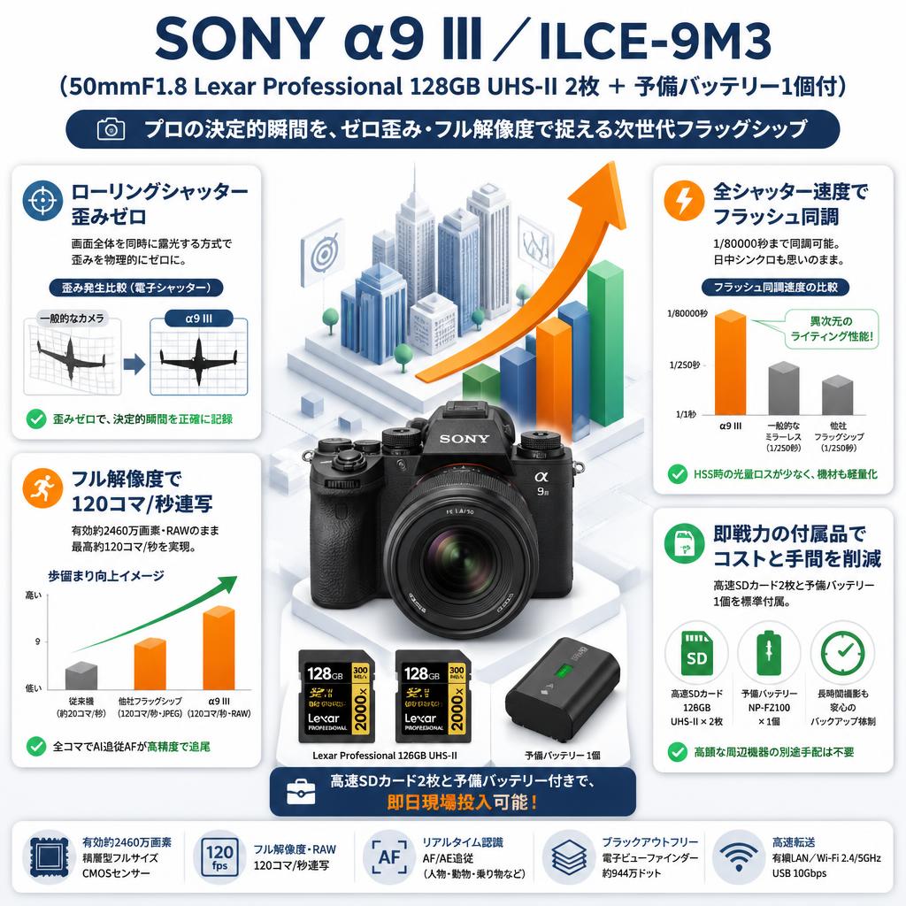 SONY α9 III／ ILCE-9M3 （50mmF1.8 Lexar Professional 128GB UHS-II 2枚 ＋ 予備バッテリー1個付） セールスポイント
