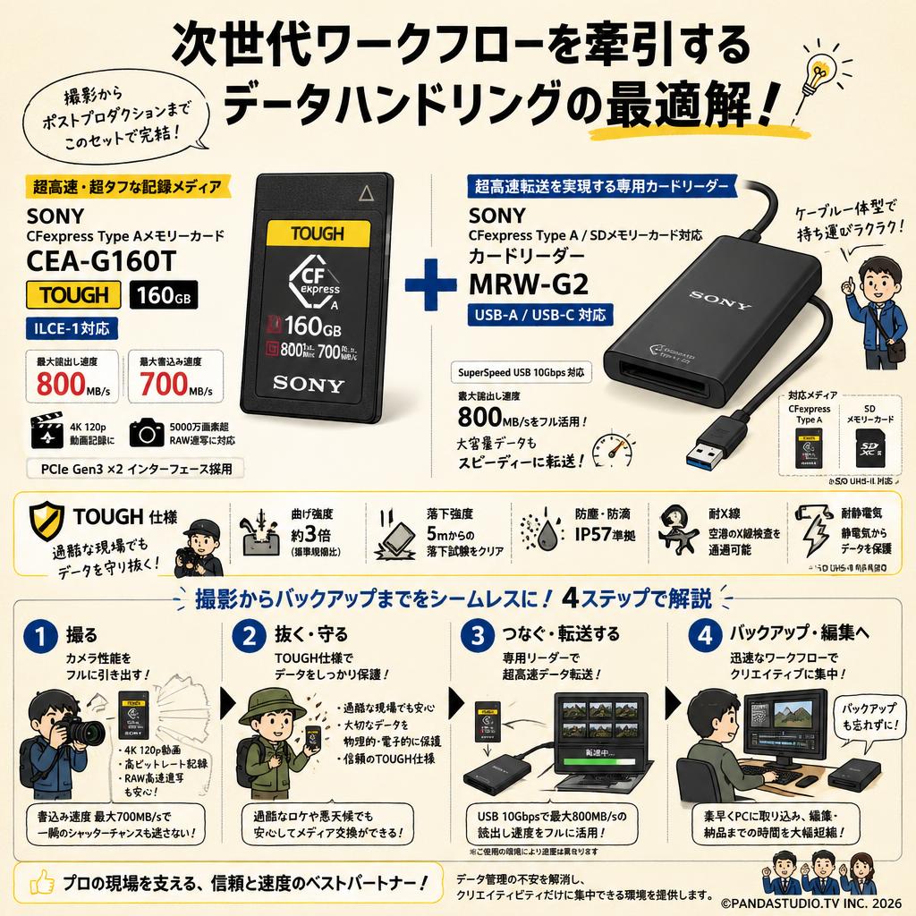SONY CFexpress Type Aメモリーカード CEA-G160T ILCE-1対応 TOUGH 160GB ＋ SONY CFexpress Type A / SDメモリーカード対応 カードリーダー MRW-G2 USB-A / USB-C 概要