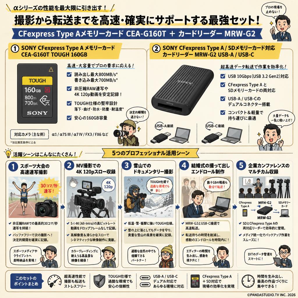 SONY CFexpress Type Aメモリーカード CEA-G160T ILCE-1対応 TOUGH 160GB ＋ SONY CFexpress Type A / SDメモリーカード対応 カードリーダー MRW-G2 USB-A / USB-C 用途