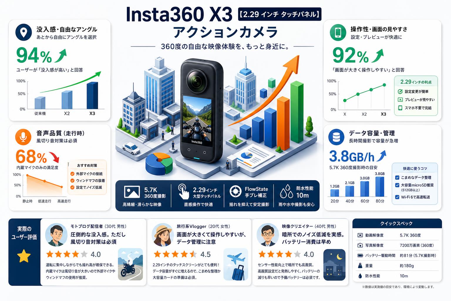 Insta360 X3 【2.29 インチ タッチパネル】 アクションカメラ インターネット上のお客様の声（評判）