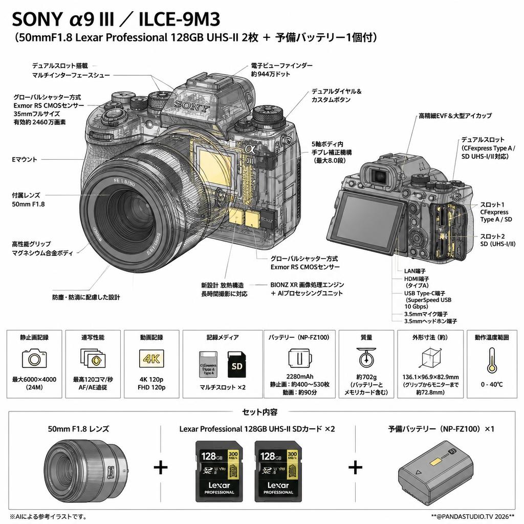 SONY α9 III／ ILCE-9M3 （50mmF1.8 Lexar Professional 128GB UHS-II 2枚 ＋ 予備バッテリー1個付） スペック
