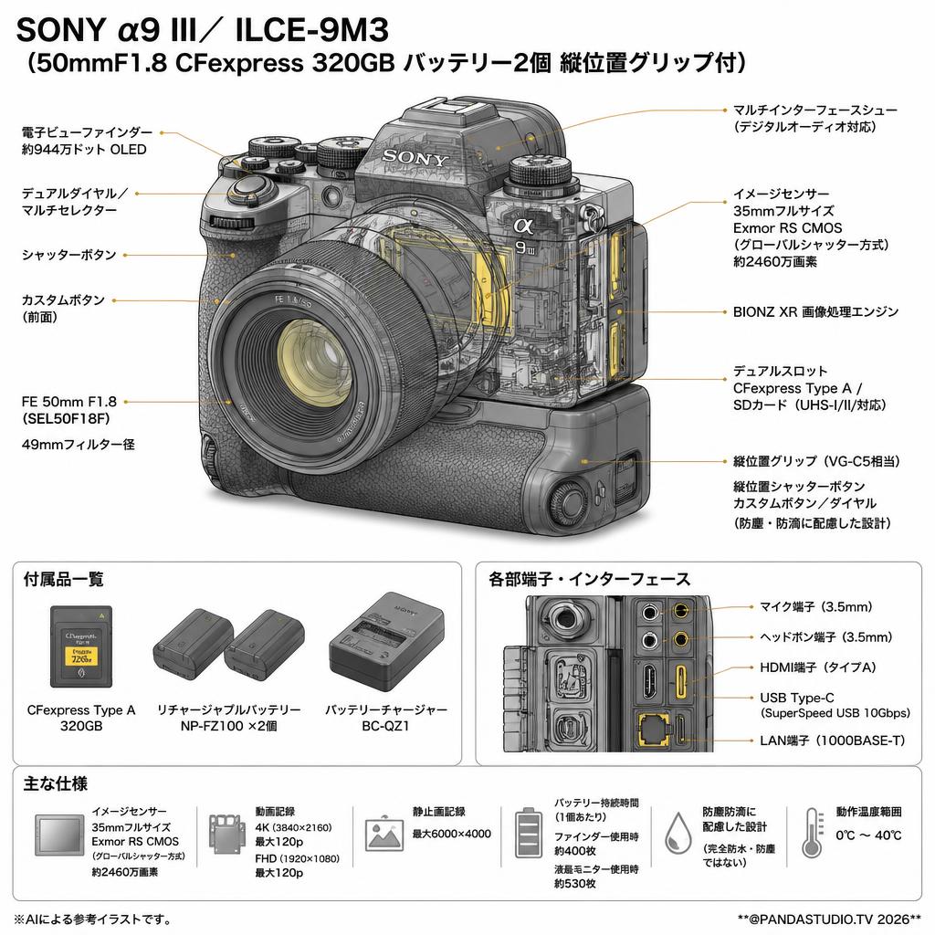 SONY α9 III／ ILCE-9M3 （50mmF1.8 CFexpress 320GB バッテリー2個 縦位置グリップ付） スペック