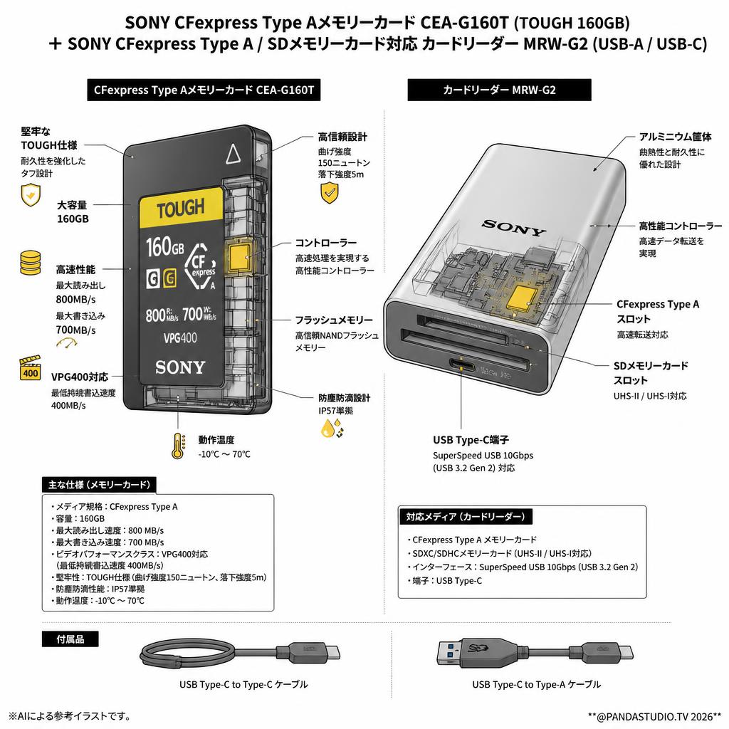 SONY CFexpress Type Aメモリーカード CEA-G160T ILCE-1対応 TOUGH 160GB ＋ SONY CFexpress Type A / SDメモリーカード対応 カードリーダー MRW-G2 USB-A / USB-C スペック