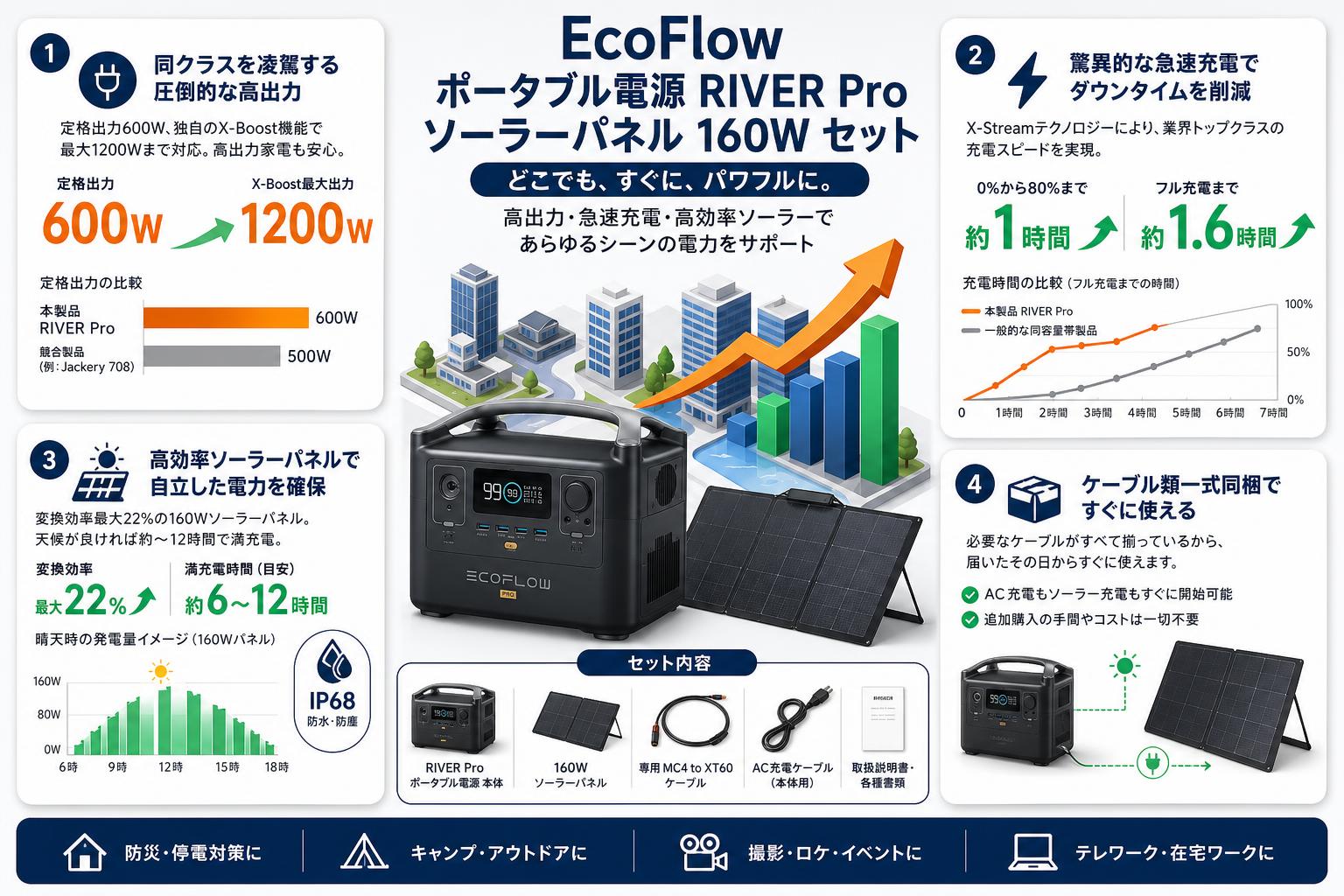 EcoFlow 【ポータブル電源 RIVER Pro ソーラーパネル 160W 】 セールスポイント