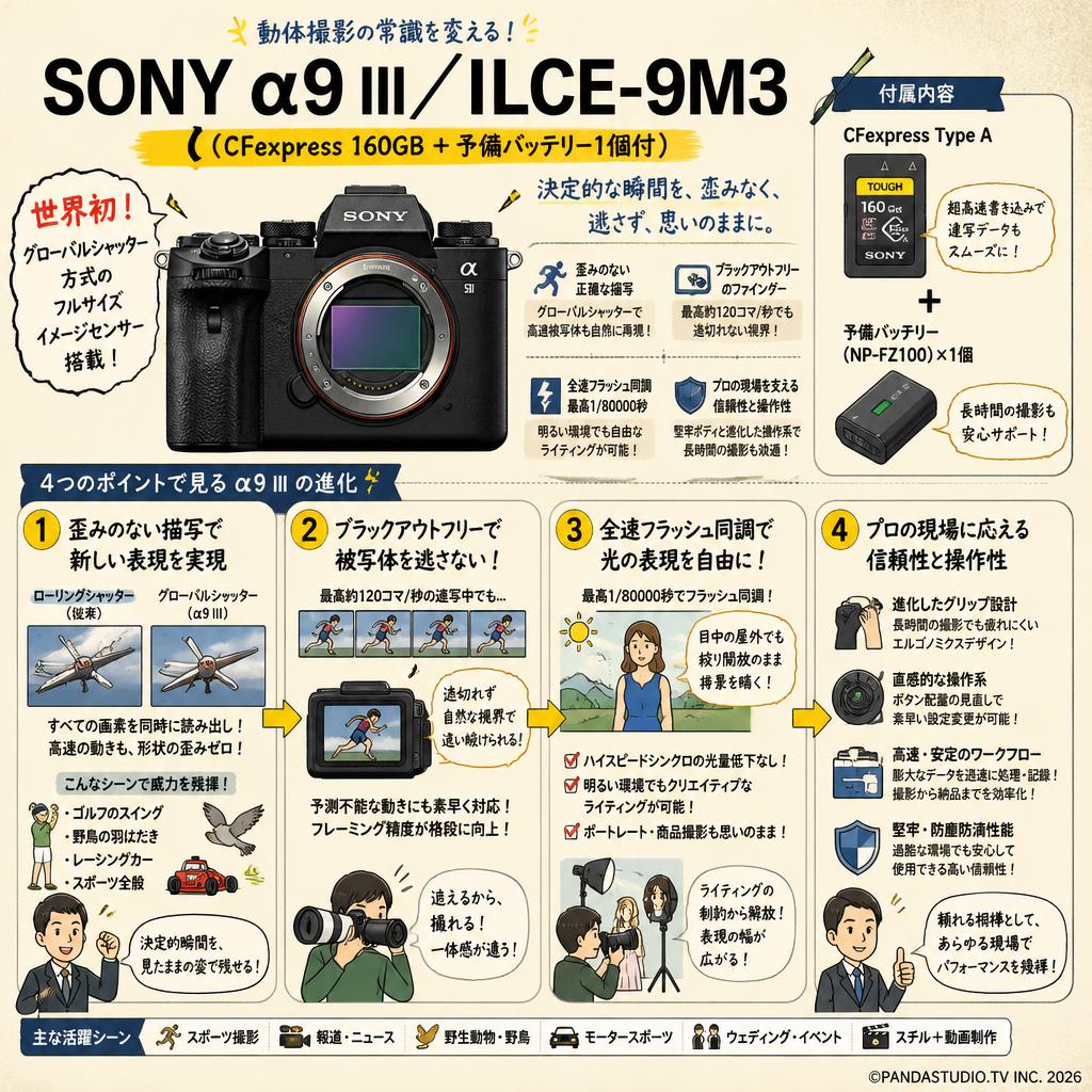 SONY α9 III／ ILCE-9M3 （CFexpress 160GB ＋ 予備バッテリー1個付） 概要