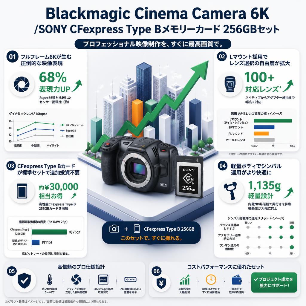Blackmagic  Cinema Camera 6K /SONY CFexpress Type Bメモリーカード 256GBセット セールスポイント