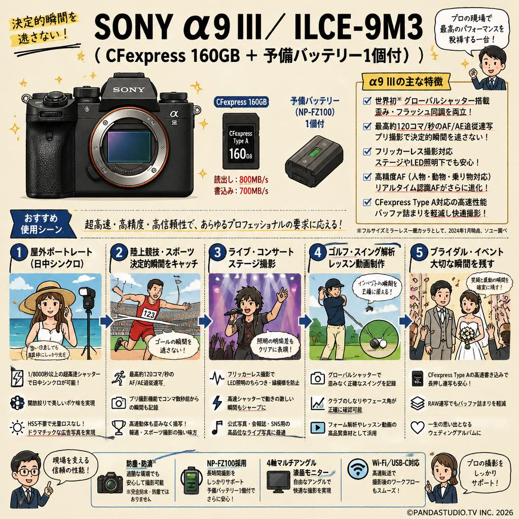 SONY α9 III／ ILCE-9M3 （CFexpress 160GB ＋ 予備バッテリー1個付） 用途
