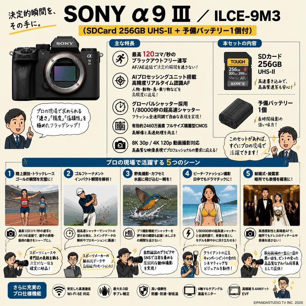 SONY α9 III／ ILCE-9M3 （SDCard 256GB UHS-II ＋ 予備バッテリー1個付） 用途