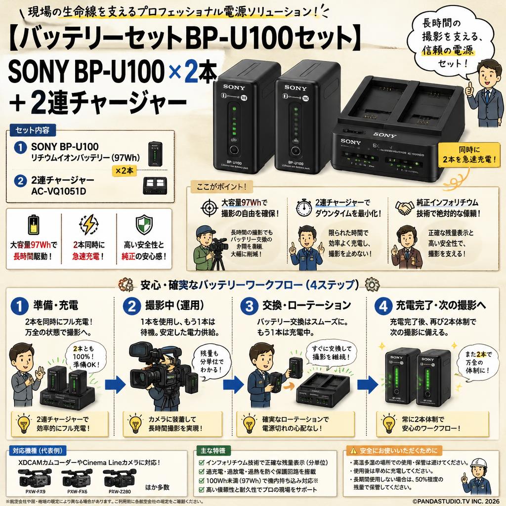 【バッテリーセットBP-U100セット】SONY BP-U100 × 2本 ＋ 2連チャージャー 概要