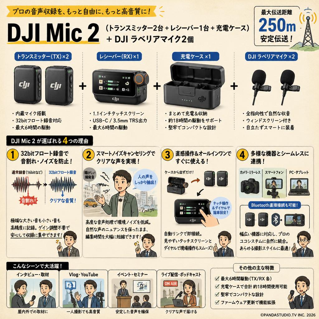 DJI Mic 2（トランスミッター2台 + レシーバー1台 + 充電ケース） ＋ DJI ラベリアマイク2個 【250m伝送距離 】 概要