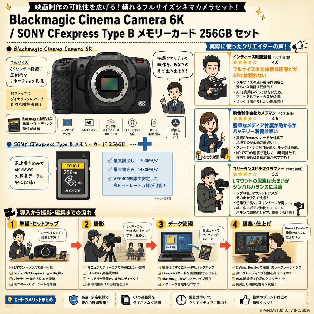 Blackmagic  Cinema Camera 6K /SONY CFexpress Type Bメモリーカード 256GBセット インターネット上のお客様の声（評判）