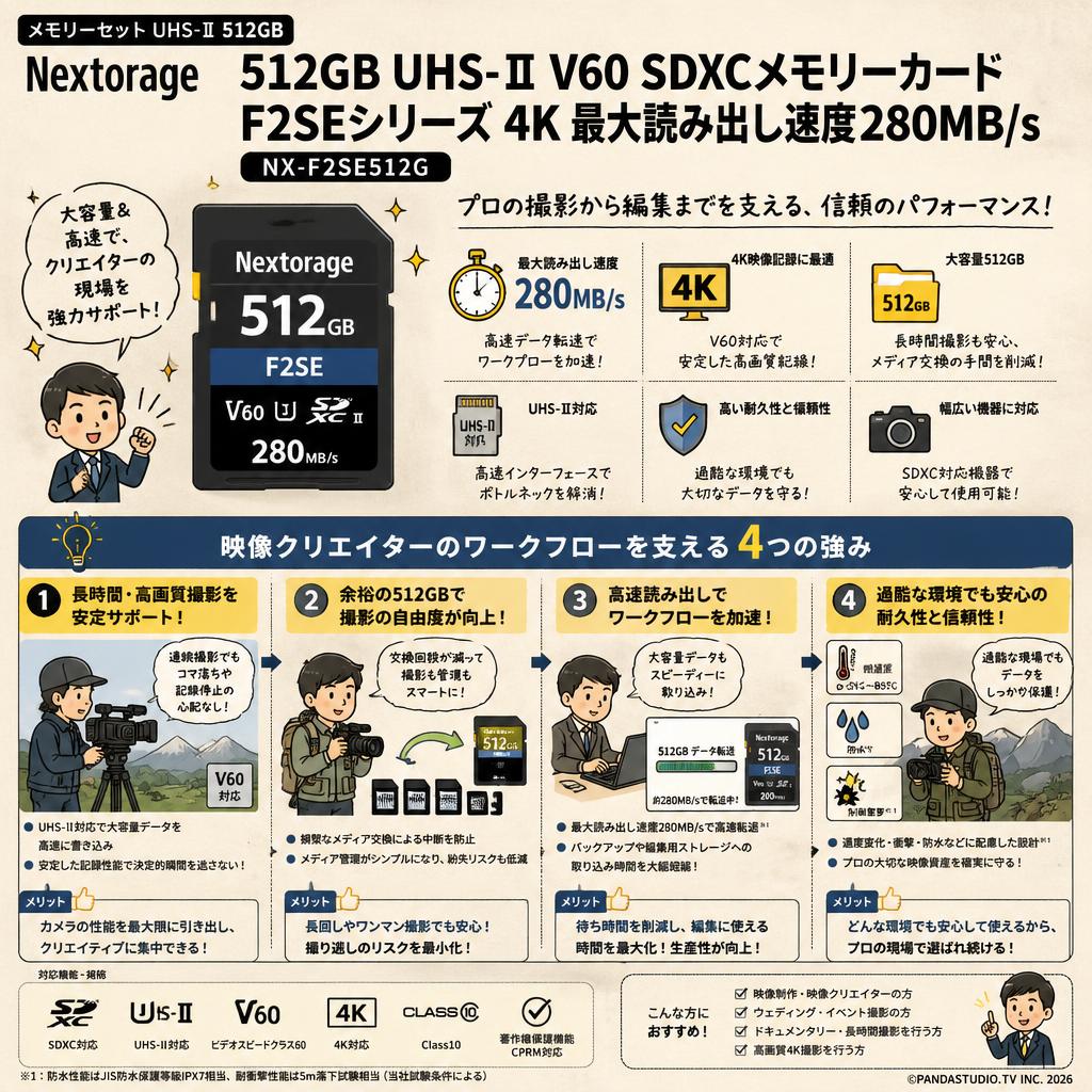 【メモリーセット UHS-Ⅱ 512GB】Nextorage 512GB UHS-II V60 SDXCメモリーカード F2SEシリーズ 4K 最大読み出し速度280MB/s NX-F2SE512G 概要