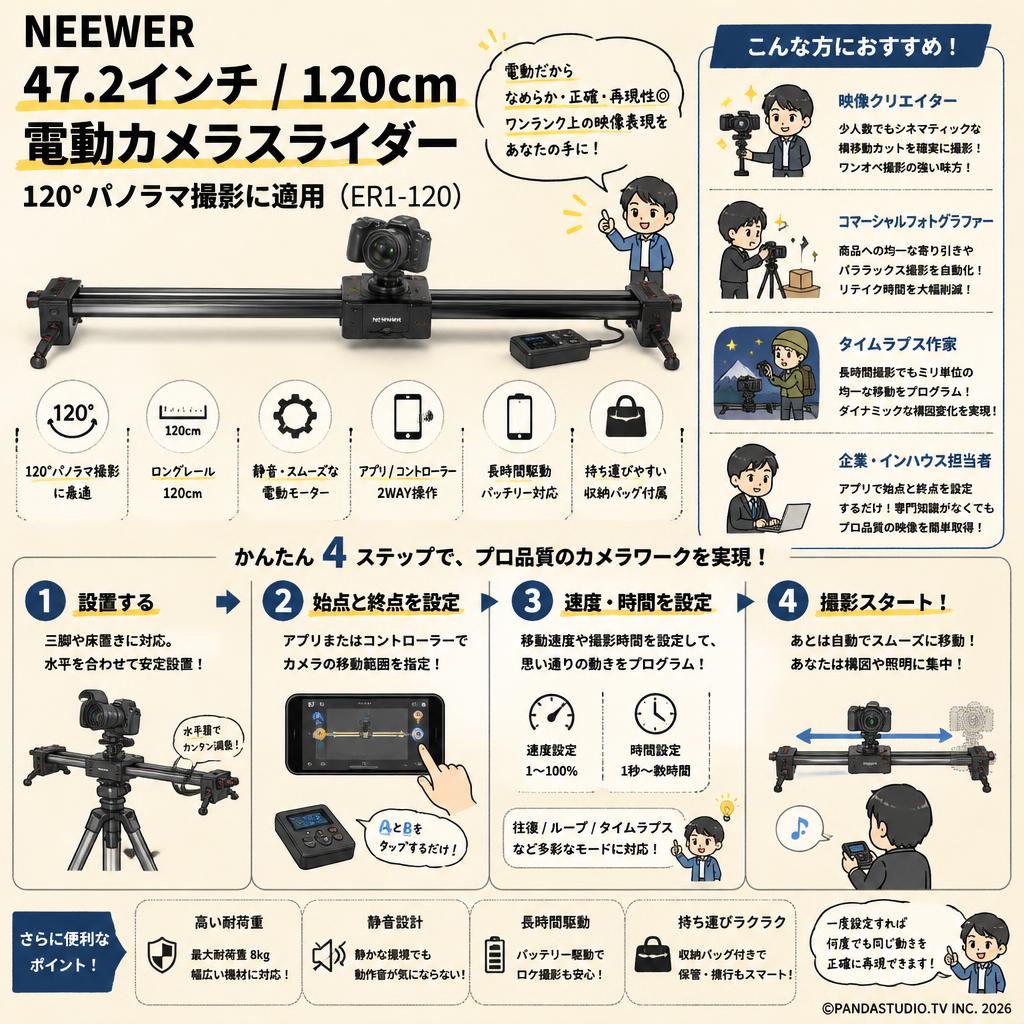 NEEWER 47.2インチ/120cm電動カメラスライダー 120°パノラマ撮影に適用 (ER1-120) おもな対象のお客様
