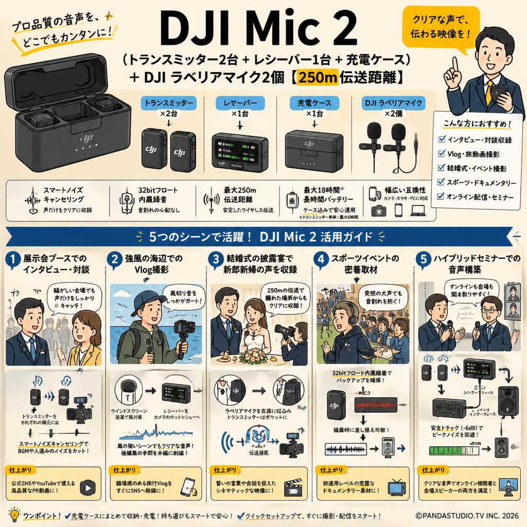 DJI Mic 2（トランスミッター2台 + レシーバー1台 + 充電ケース） ＋ DJI ラベリアマイク2個 【250m伝送距離 】 用途