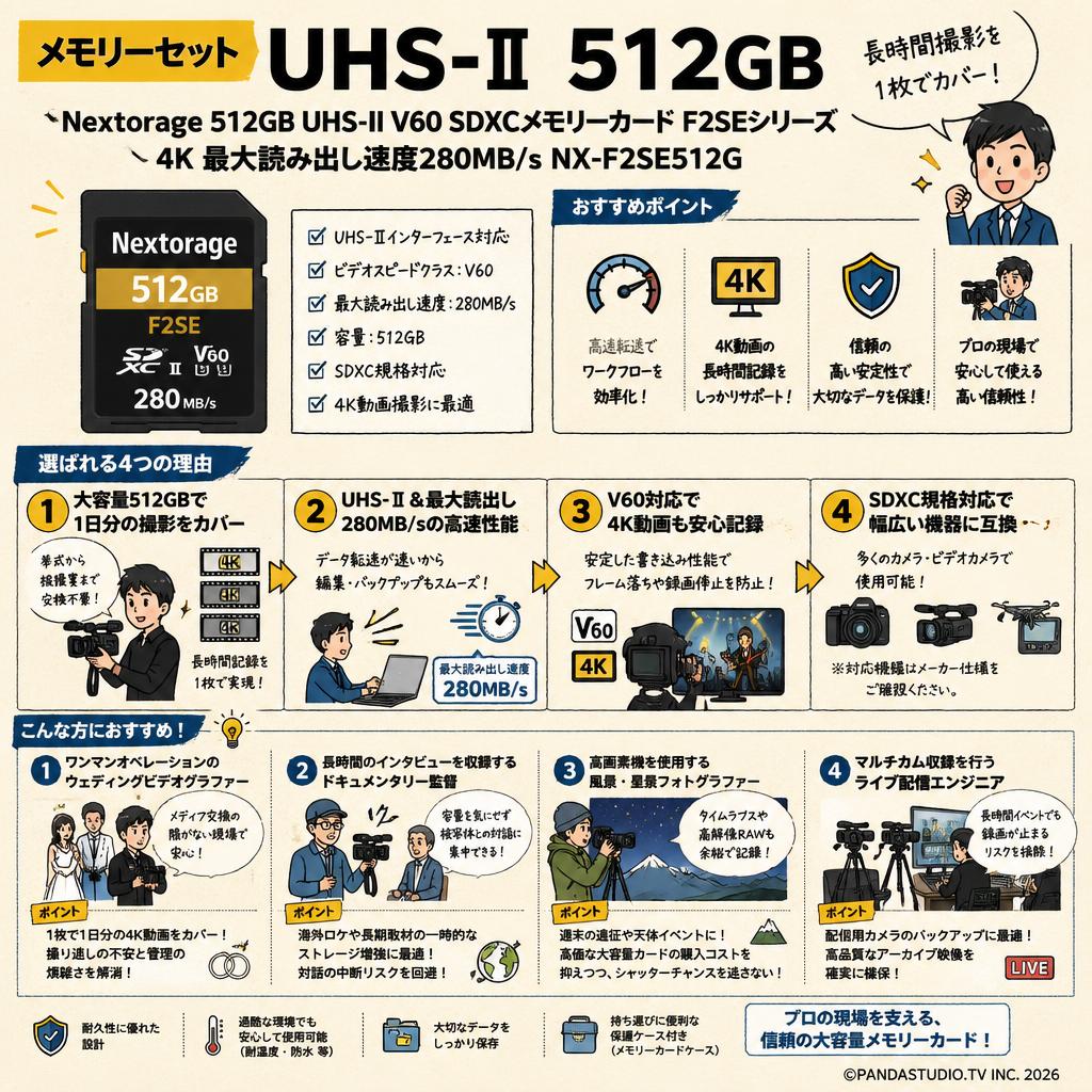 【メモリーセット UHS-Ⅱ 512GB】Nextorage 512GB UHS-II V60 SDXCメモリーカード F2SEシリーズ 4K 最大読み出し速度280MB/s NX-F2SE512G おもな対象のお客様