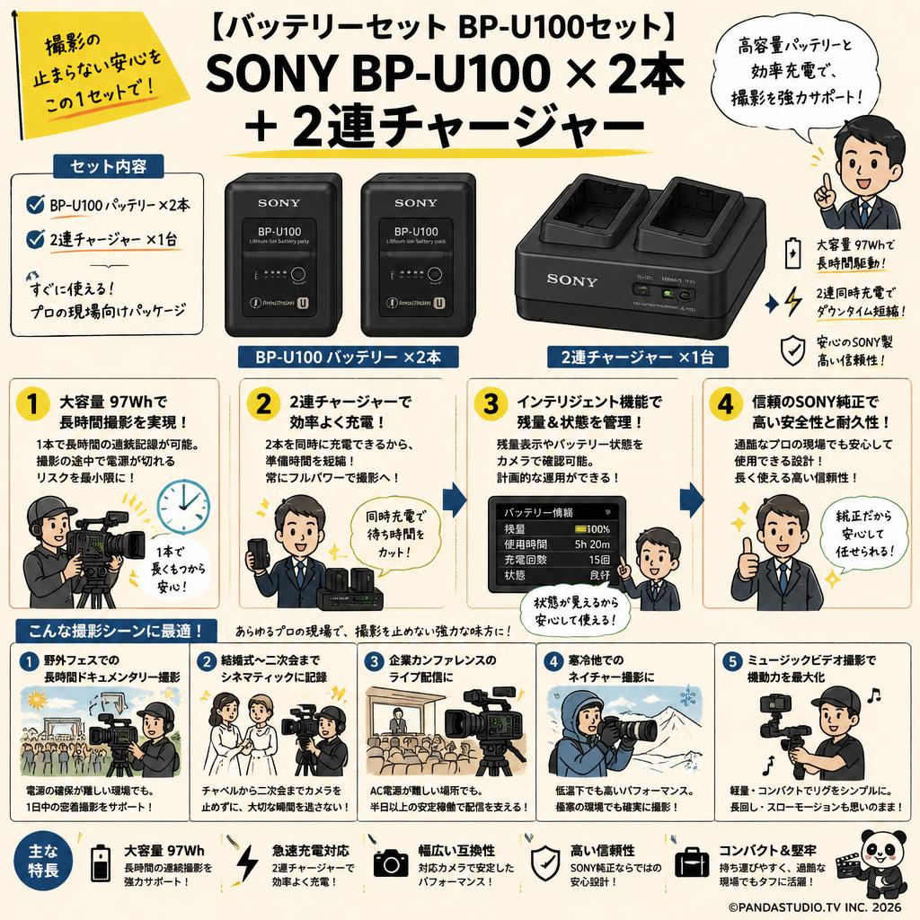 【バッテリーセットBP-U100セット】SONY BP-U100 × 2本 ＋ 2連チャージャー 用途