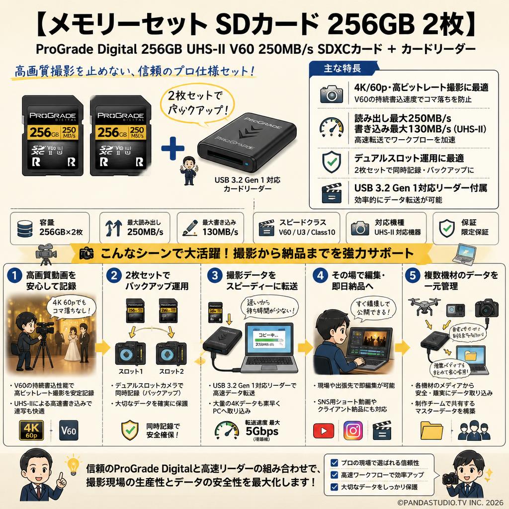 【メモリーセット SDカード 256GB 2枚】ProGrade Digital 256GB UHS-II V60 250MB/s SDXCカード ＋ カードリーダー 用途