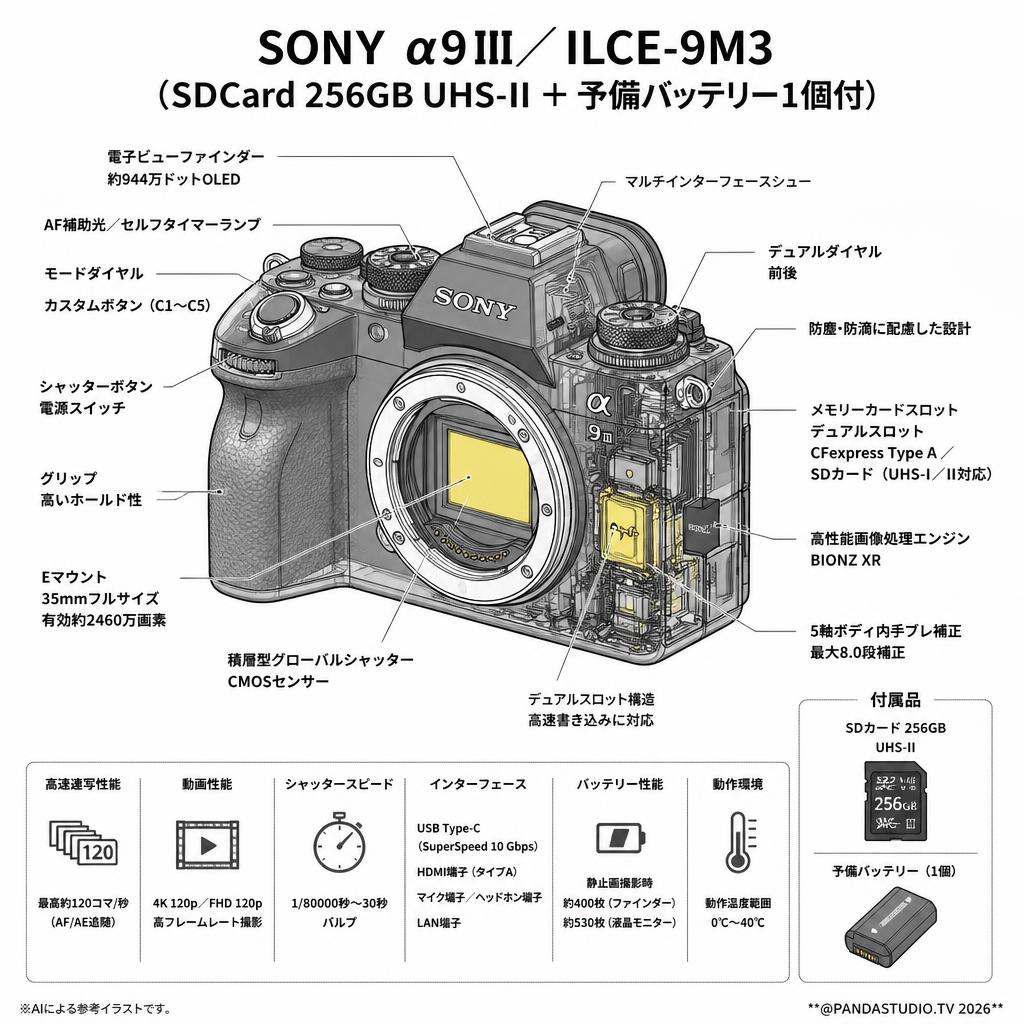 SONY α9 III／ ILCE-9M3 （SDCard 256GB UHS-II ＋ 予備バッテリー1個付） スペック