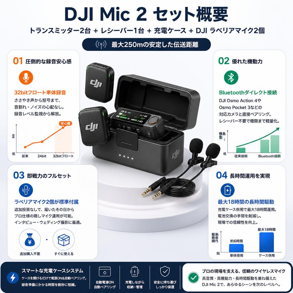 DJI Mic 2（トランスミッター2台 + レシーバー1台 + 充電ケース） ＋ DJI ラベリアマイク2個 【250m伝送距離 】 セールスポイント