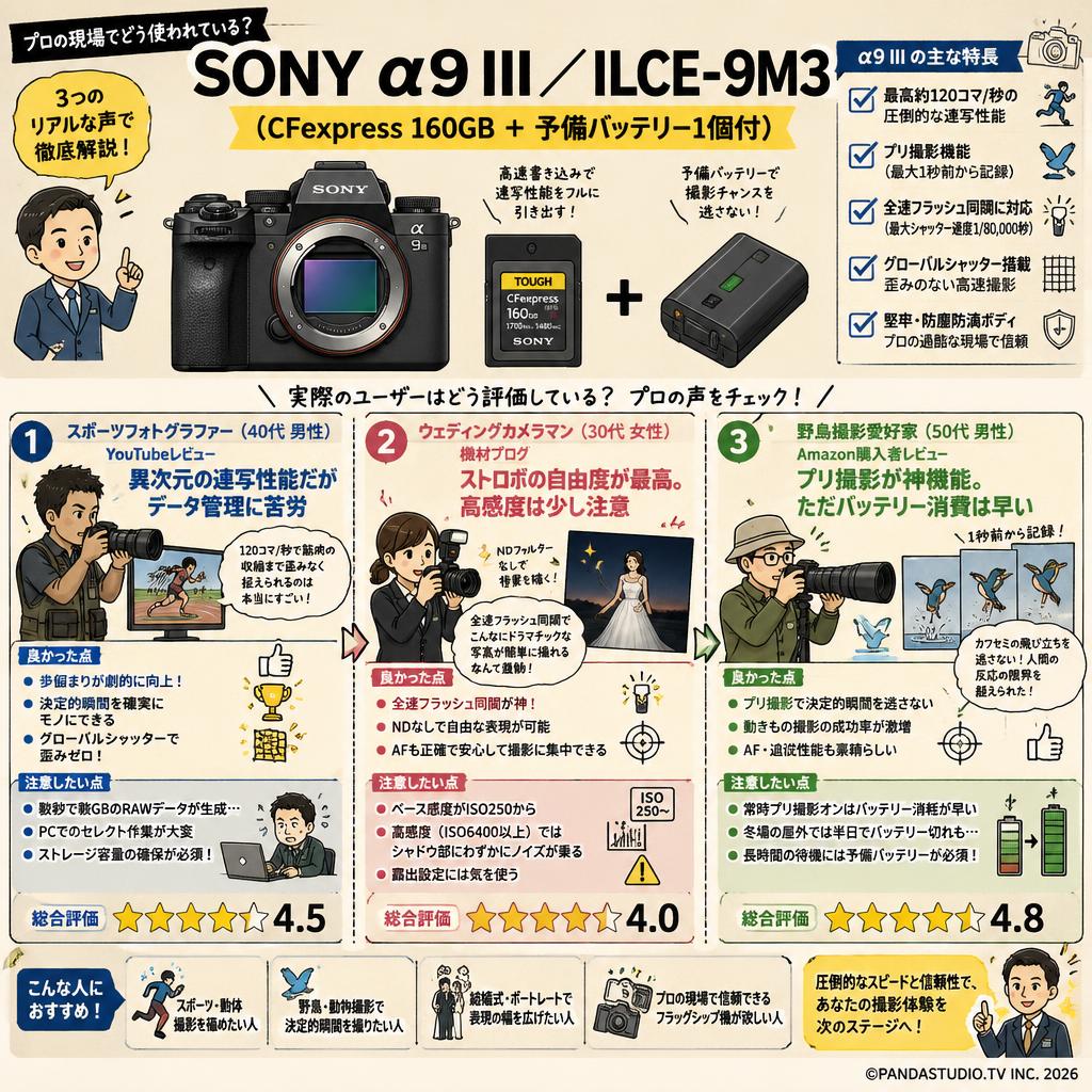 SONY α9 III／ ILCE-9M3 （CFexpress 160GB ＋ 予備バッテリー1個付） インターネット上のお客様の声（評判）