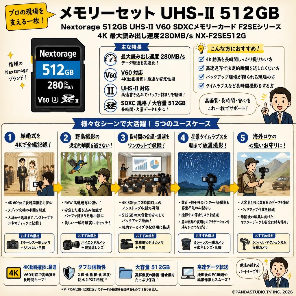 【メモリーセット UHS-Ⅱ 512GB】Nextorage 512GB UHS-II V60 SDXCメモリーカード F2SEシリーズ 4K 最大読み出し速度280MB/s NX-F2SE512G 用途