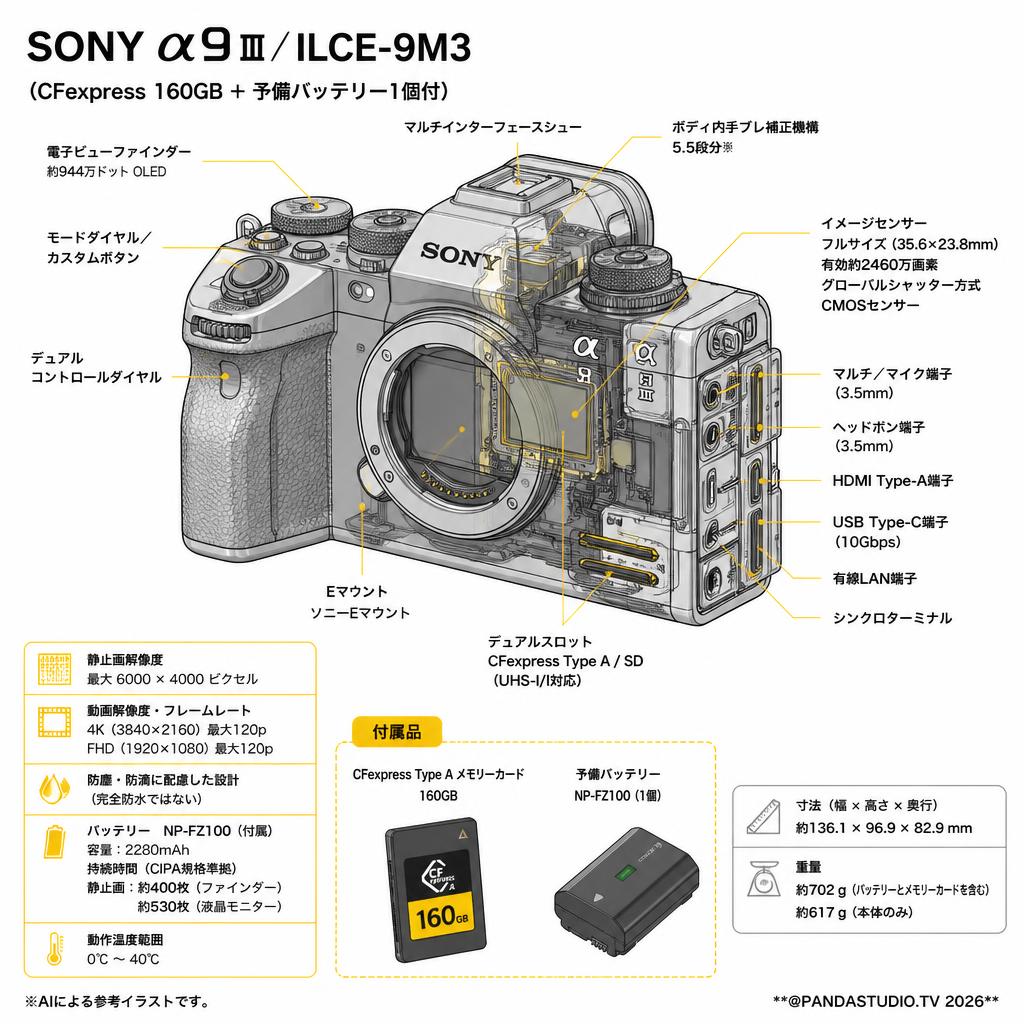 SONY α9 III／ ILCE-9M3 （CFexpress 160GB ＋ 予備バッテリー1個付） スペック