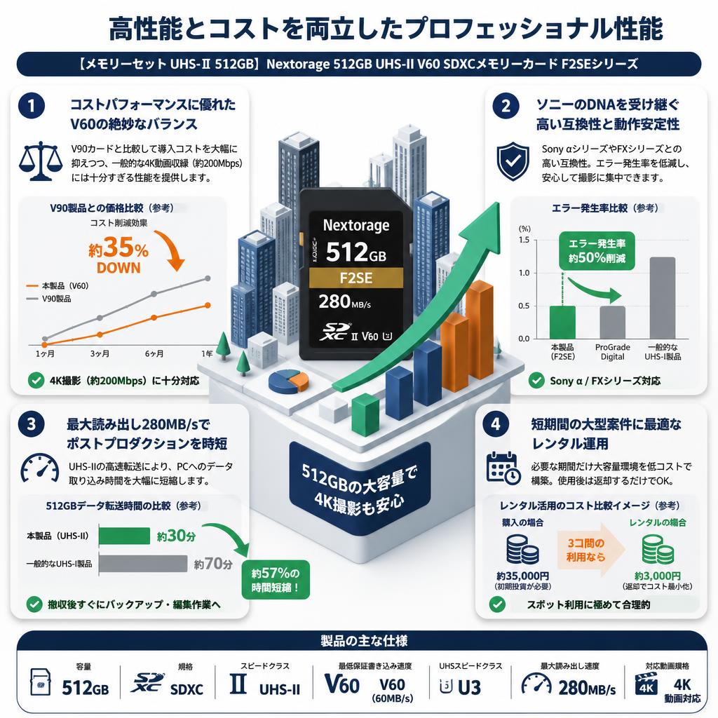 【メモリーセット UHS-Ⅱ 512GB】Nextorage 512GB UHS-II V60 SDXCメモリーカード F2SEシリーズ 4K 最大読み出し速度280MB/s NX-F2SE512G セールスポイント