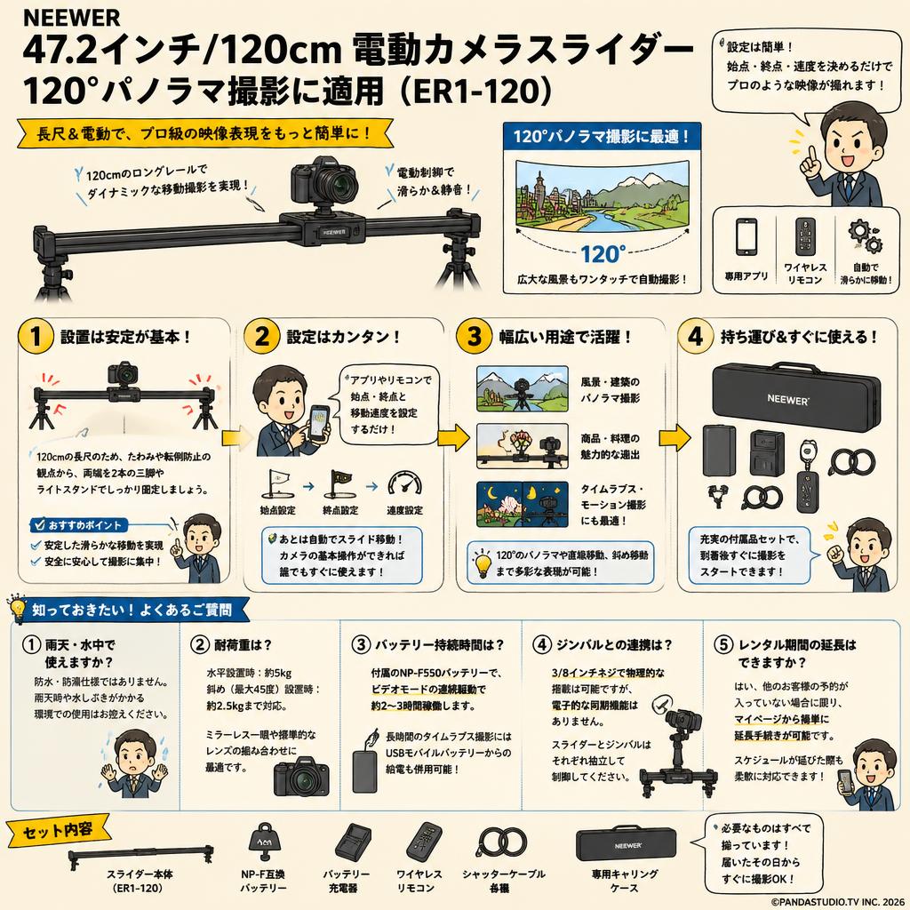 NEEWER 47.2インチ/120cm電動カメラスライダー 120°パノラマ撮影に適用 (ER1-120) FAQ（よくある質問と答え）