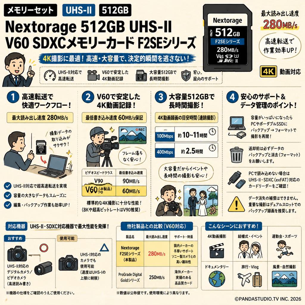 【メモリーセット UHS-Ⅱ 512GB】Nextorage 512GB UHS-II V60 SDXCメモリーカード F2SEシリーズ 4K 最大読み出し速度280MB/s NX-F2SE512G FAQ（よくある質問と答え）