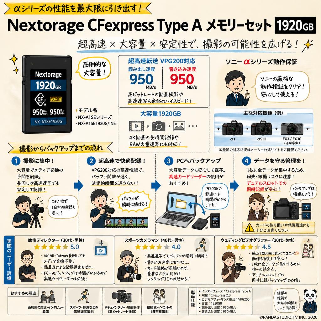【メモリーセット CFexpress Type A  1920GB】Nextorage 1920GB CFexpress Type A VPG200 メモリーカード NX-A1SEシリーズ 読み：950MB/s 書き：950MB/s NX-A1SE1920G/INE ソニー αシリーズ動作保証 インターネット上のお客様の声（評判）