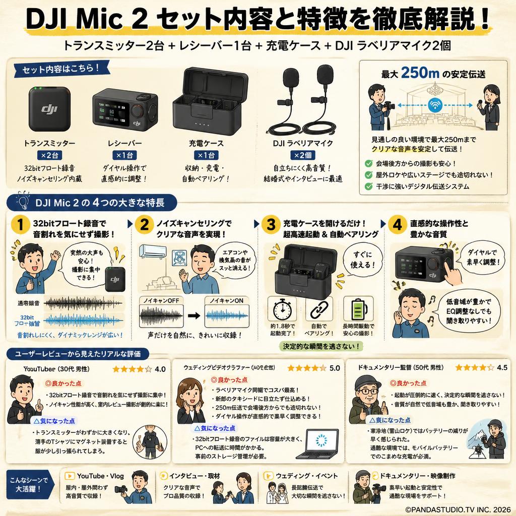 DJI Mic 2（トランスミッター2台 + レシーバー1台 + 充電ケース） ＋ DJI ラベリアマイク2個 【250m伝送距離 】 インターネット上のお客様の声（評判）