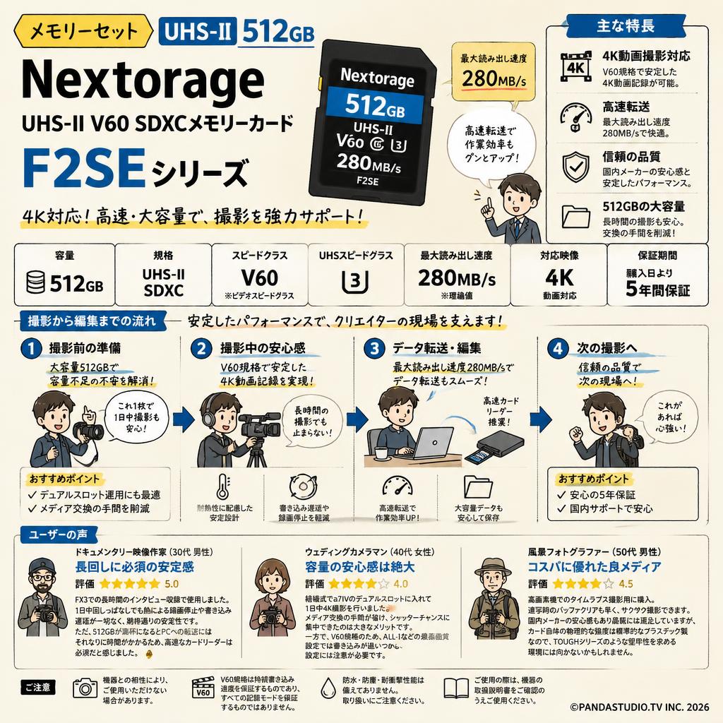 【メモリーセット UHS-Ⅱ 512GB】Nextorage 512GB UHS-II V60 SDXCメモリーカード F2SEシリーズ 4K 最大読み出し速度280MB/s NX-F2SE512G インターネット上のお客様の声（評判）