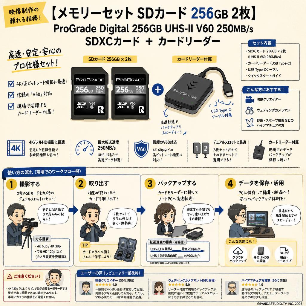 【メモリーセット SDカード 256GB 2枚】ProGrade Digital 256GB UHS-II V60 250MB/s SDXCカード ＋ カードリーダー インターネット上のお客様の声（評判）