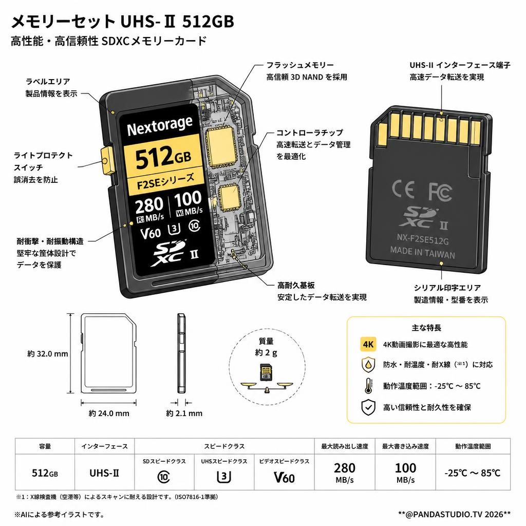 【メモリーセット UHS-Ⅱ 512GB】Nextorage 512GB UHS-II V60 SDXCメモリーカード F2SEシリーズ 4K 最大読み出し速度280MB/s NX-F2SE512G スペック