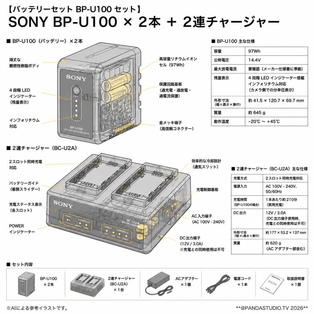 【バッテリーセットBP-U100セット】SONY BP-U100 × 2本 ＋ 2連チャージャー スペック