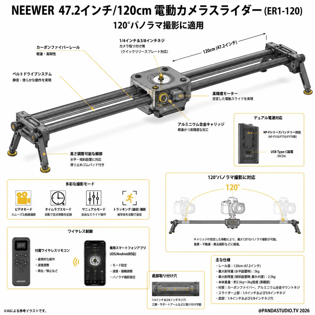 NEEWER 47.2インチ/120cm電動カメラスライダー 120°パノラマ撮影に適用 (ER1-120) スペック