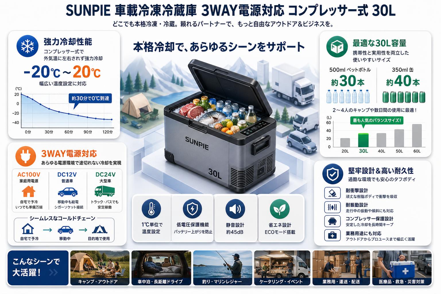 SUNPIE 車載冷凍冷蔵庫 3WAY電源対応 コンプレッサー式 30L 概要