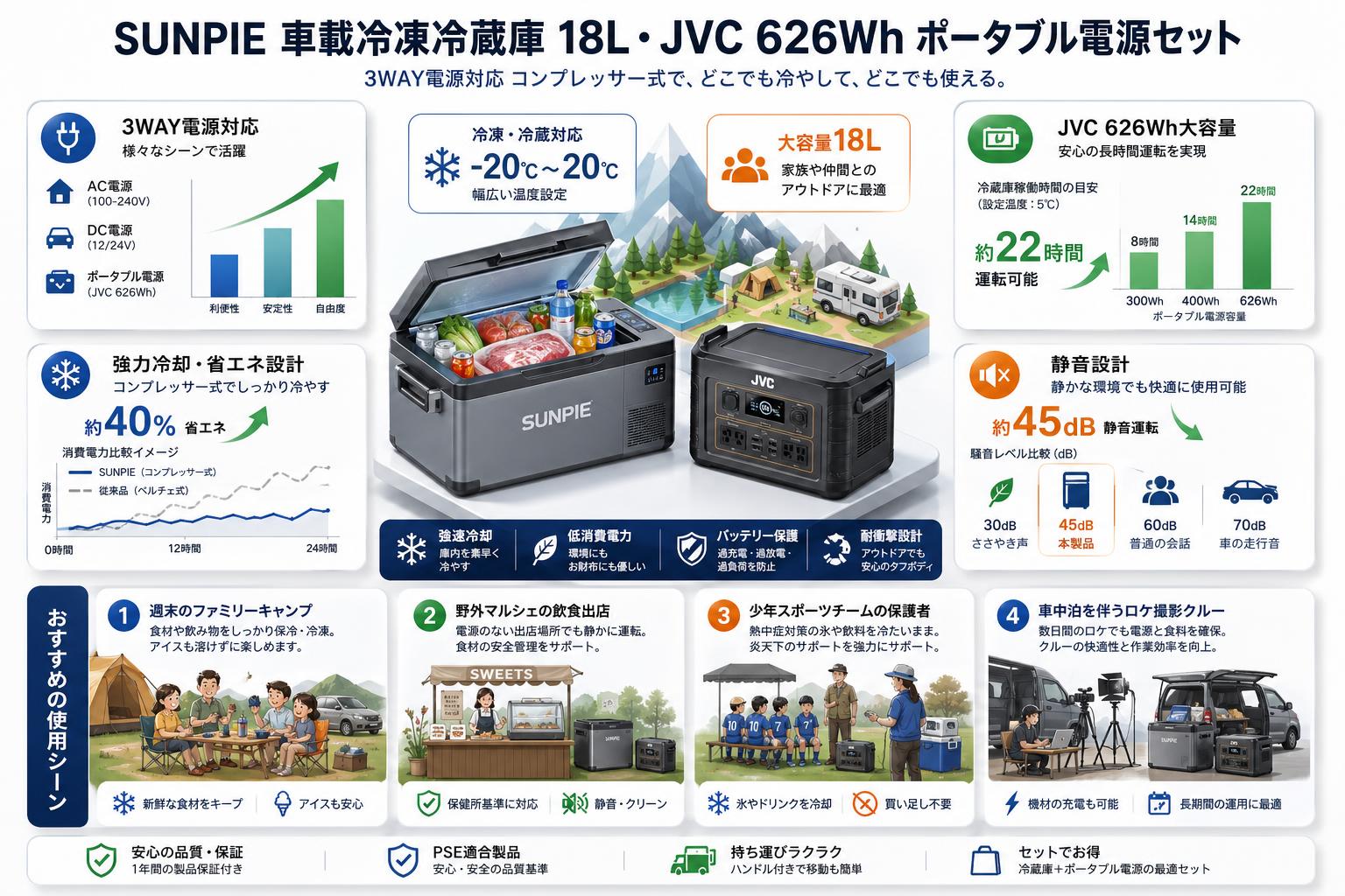 SUNPIE 車載冷凍冷蔵庫 3WAY電源対応 コンプレッサー式 18L・JVC 626Wh ポータブル電源セット おもな対象のお客様