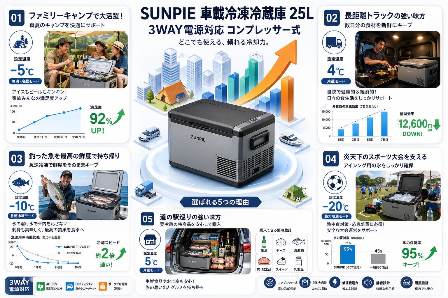 SUNPIE 車載冷凍冷蔵庫 3WAY電源対応 コンプレッサー式 25L 用途