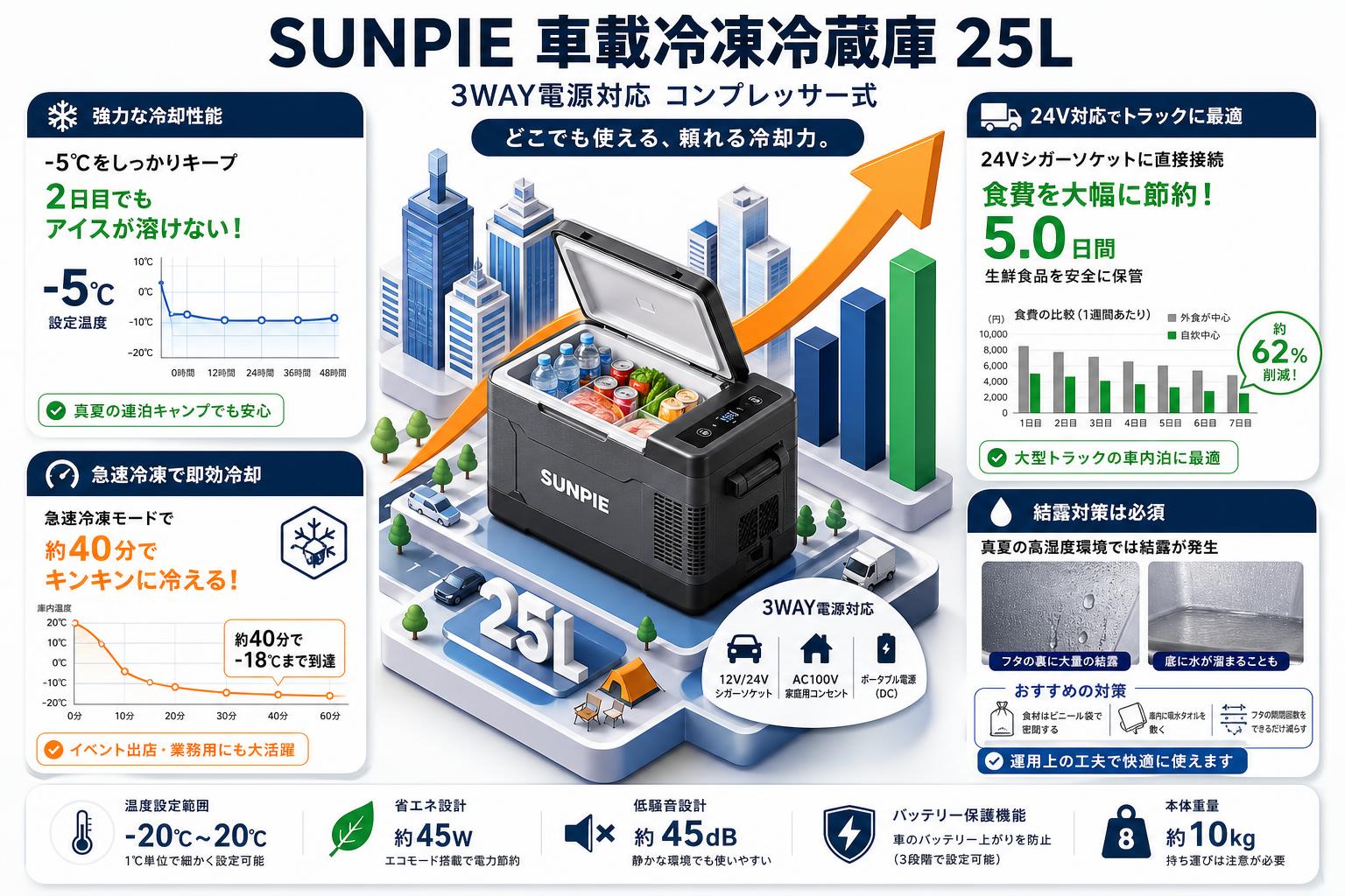 SUNPIE 車載冷凍冷蔵庫 3WAY電源対応 コンプレッサー式 25L インターネット上のお客様の声（評判）